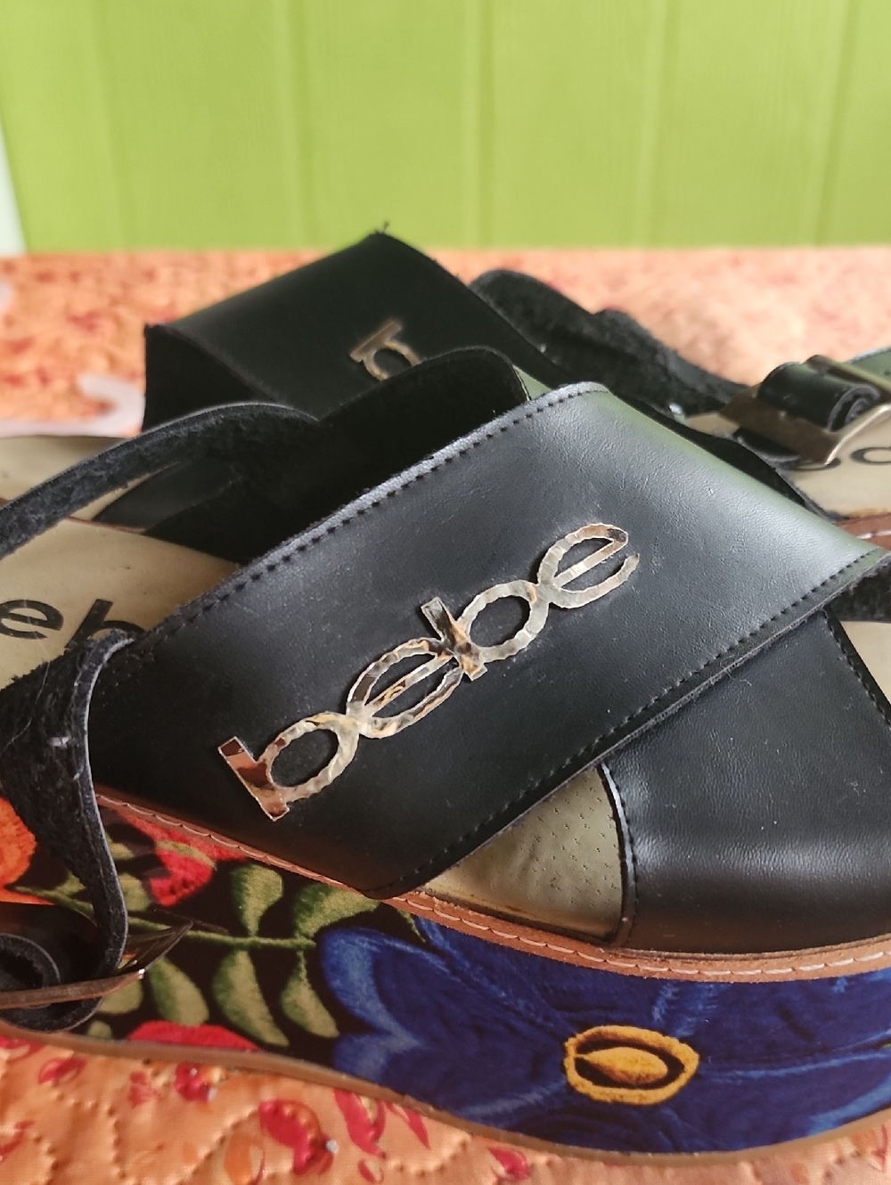 bebe Black Platform Sandals with Floral Embroidered Wedge